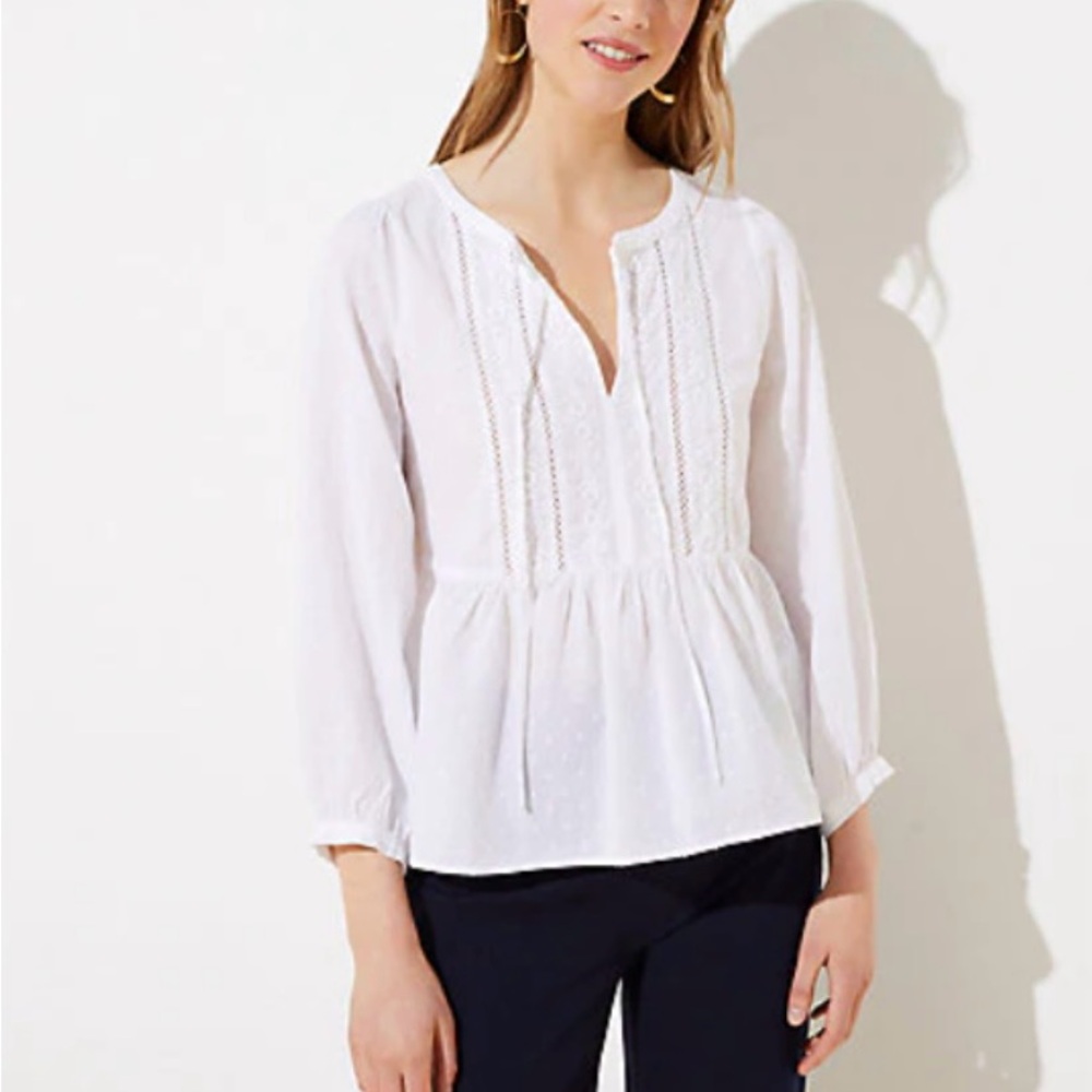 LOFT White Eyelet Peplum Blouse Size S Boho Embroidered Long Sleeve